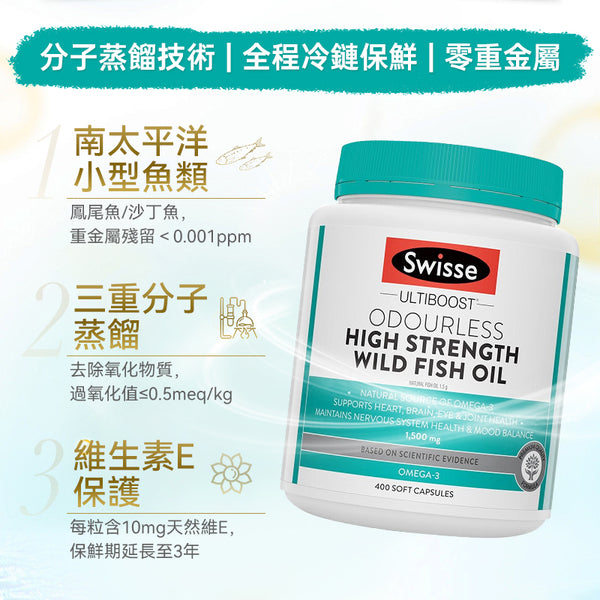 澳洲 Swisse Odourless High Strength Wild Fish Oil 无味深海鱼油1500mg 400粒